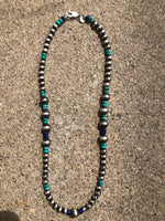 Genuine Turquoise, Lapis and vintage style sterling silver beads. 19” long Z1023