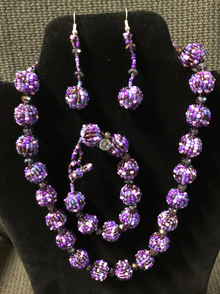 Hand beaded necklace with matching bracelet and earrings set, purple