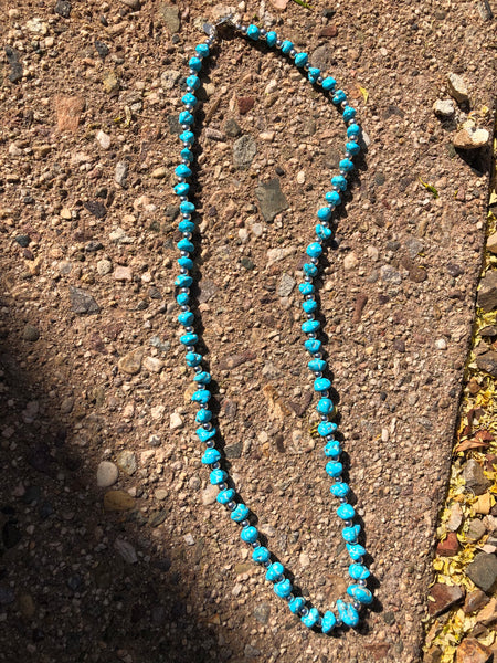 Persian style natural turquoise necklace, 27”, sterling silver beads. A.S.  PER02 FREE SHIPPING IN THE CONTINENTAL USA.