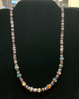 Genuine Pen shell necklace 16” long with composite Kingman turquoise and Spiney Oyster Shell.  Sterling Silver. Z1021