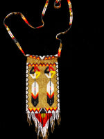 Guatemalan handcrafted glass bead shoulder bag, approximately 4” x 7” with a 32 inch strap. The bags are decorated on both sides.