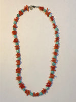 Genuine turquoise with red coral and sterling silver clasp.  18” long by A.S.    AS 603 FREE SHIPPING IN THE CONTINENTAL USA.