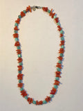 Genuine turquoise with red coral and sterling silver clasp.  18” long by A.S.    AS 603 FREE SHIPPING IN THE CONTINENTAL USA.