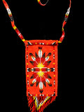 A shoulder bag handmade entirely of glass beads in a Native American inspired design.