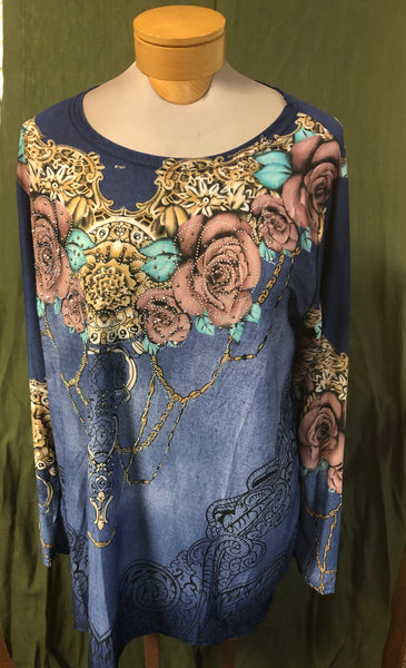 blue long sleeve blouse with printed flowers