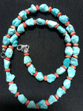 Genuine Campitos Matte finish Turquoise with genuine Spiney Oyster shell and sterling silver clasp.