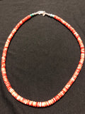Orange Spiney Oyster Shell necklace in 18” length with a touch of genuine turquoise at the tips with a sterling silver lobster claw clasp.