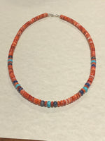 Spiney Oyster, Lapis, Kingman Turquoise, and sterling silver necklace.  18.5” long. JK-47 FREE SHIPPING IN THE CONTINENTAL USA.