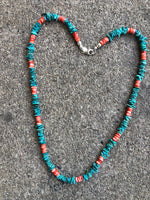 Genuine Natural Turquoise wafers with genuine Spiney Oyster Shell 23” A.S.  CAMP-4 FREE SHIPPING IN THE CONTINENTAL USA.