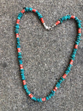 Genuine Natural Turquoise wafers with genuine Spiney Oyster Shell 23” A.S.  CAMP-4 FREE SHIPPING IN THE CONTINENTAL USA.