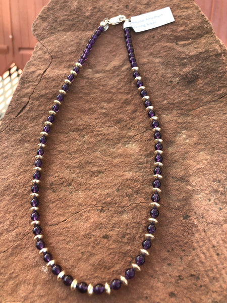 Genuine Amethyst stone beads with sterling silver mini saucer beads in a 15” necklace or choker. SR118