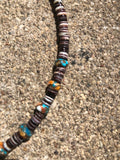 Genuine Pen shell necklace 16” long with composite Kingman turquoise and Spiney Oyster Shell.  Sterling Silver. Z1021