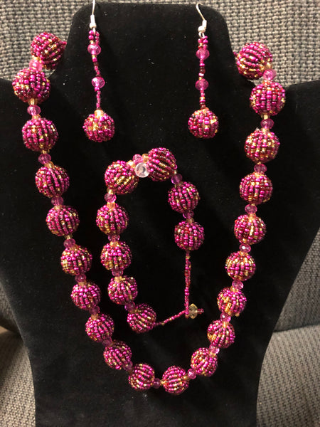 Glass bead balls necklace and earring set with bracelet