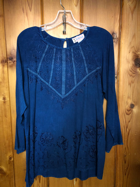 Navy Blue tone on tone embroidery blouse in one size fits many.