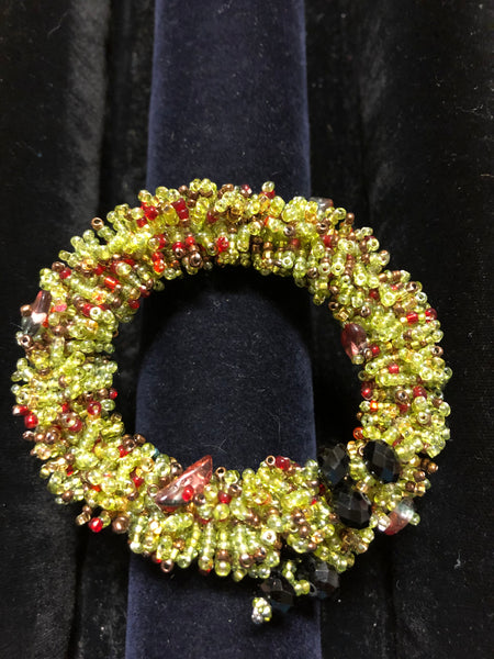 Glass bead memory wire bracelet  green