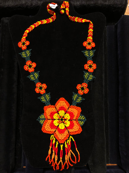 Rust, orange, dark green hand beaded necklace with flowers