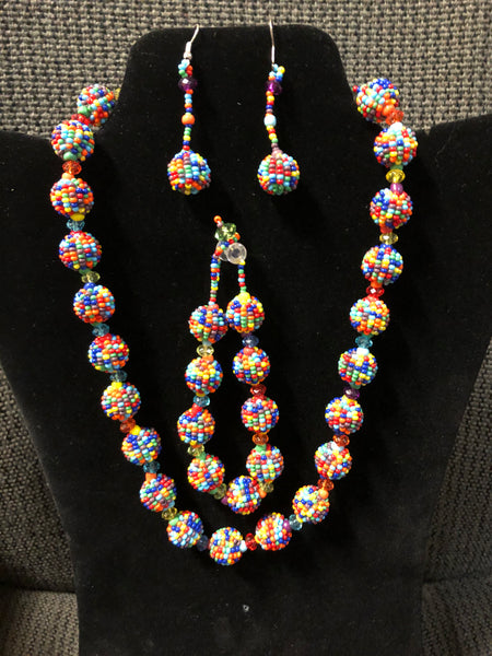 Multi color glass bead balls necklace, earrings, and bracelet set.