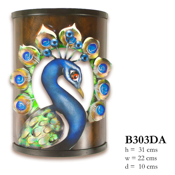 Half round candle holder with peacock head open around edges.