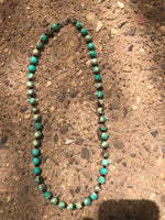 Sea Green Sediment Jasper Stone and black agate necklace, 22” with sterling silver beads and clasp.