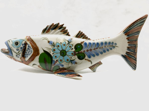 Ken Edwards Pottery large fish with open mouth  Lots of brown trim on fins and tail, flowers and leaves on body in green and blue.