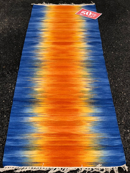 Blue, yellow, and orange ikat design rugs