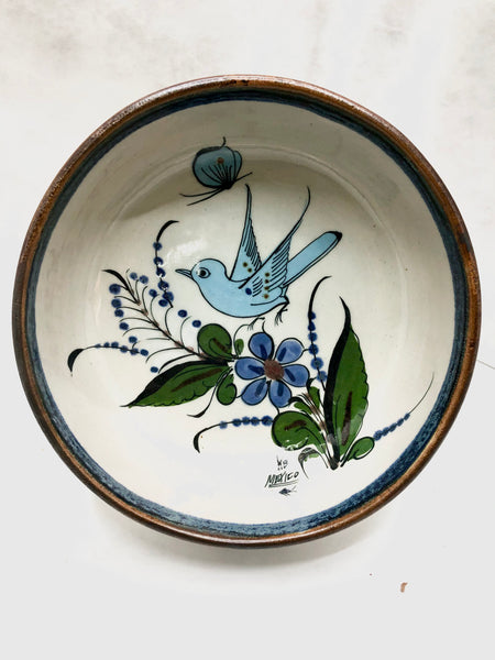 Brown rim bowl with bird, butterfly and plants inside