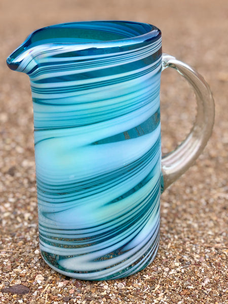 Hand Blown Straight Pitcher Stripe Turquoise