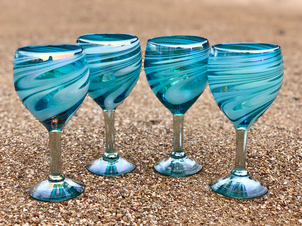 Wine glasses hand blown in striped turquoise set of 4  priced each+