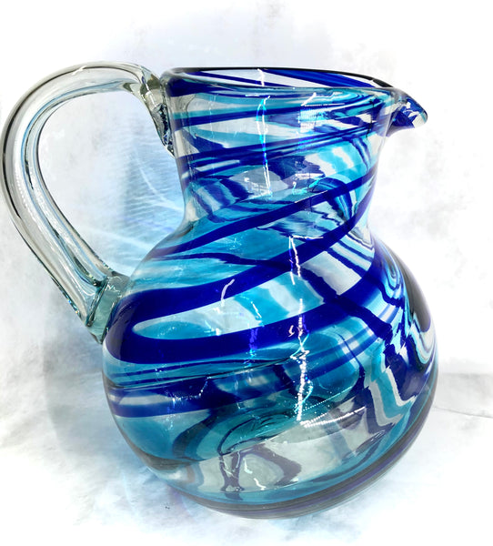 Hand Blown Ball Glass Pitcher In Blue/Turquoise/Clear