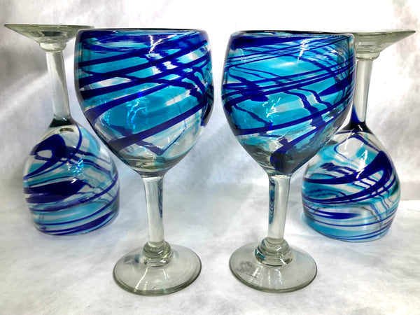 Wine Glasses Hand Blown In Wine Glass Blue/Turquoise/Clear, Set of 4+priced each