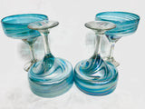 Margarita hand blown glasses in aquamarine with white swirl with clear stem
