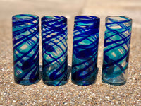 Hi Ball or Tom Collins glasses hand blown in Striped Turquoise glass, set  of 4+priced each