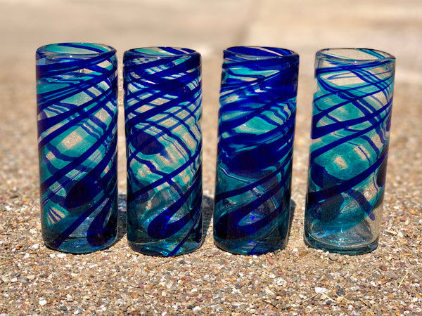 Hi Ball or Tom Collins glasses hand blown in Blue Turquoise Clear glass,  set of 4+priced each