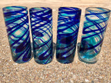 Hi Ball or Tom Collins glasses hand blown in Blue Turquoise Clear glass, set of 4+priced each