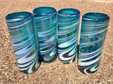 Hi Ball or Tom Collins glasses hand blown in Striped Turquoise glass, set of 4+priced each
