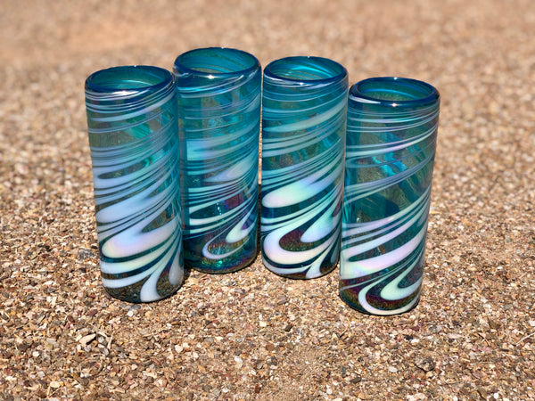 Hi Ball or Tom Collins glasses hand blown in Striped Turquoise glass, set of 4+priced each