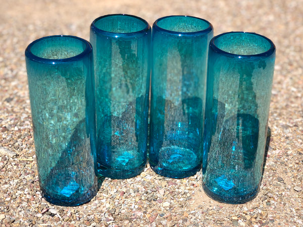 Hi Ball or Tom Collins glasses hand blown in solid aquamarine glass, set of  4+priced each