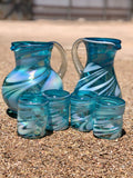 Rocks or Old Fashion glasses hand blown in pinched stripe turquoise glass