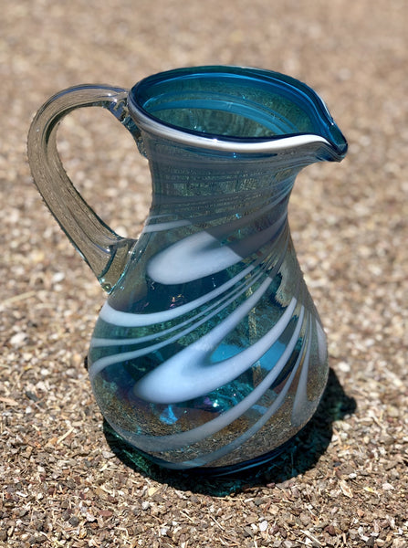 Hand Blown Pear Pitcher Stripe Turquoise