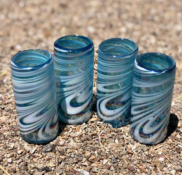 Hand Blown Shot Glass Stripe Turquoise