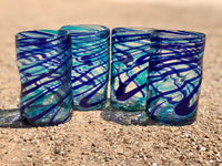 Water glasses hand blown in blue turquoise clear glass