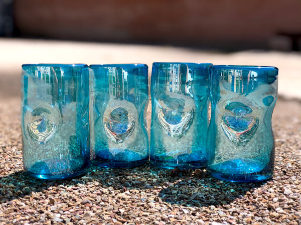 Water glasses hand blown in solid aquamarine glass