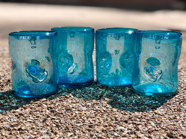Rocks or Old Fashion  glasses hand blown in solid aquamarine glass