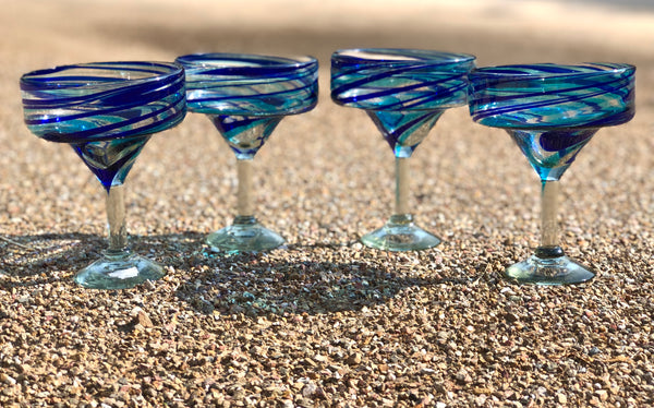 Margarita Hand Blown Blue Turquoise Clear Glasses Set of 4 (CR.MG.BTC)