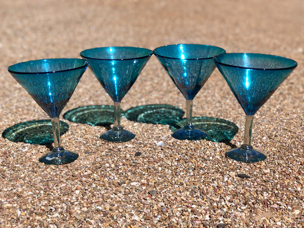 Martini glasses, handblown in solid aquamarine glass