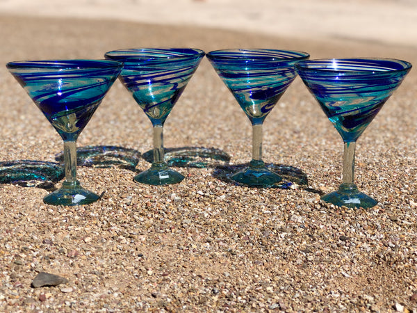 Double Martini hand blown glasses in 3 color swirl