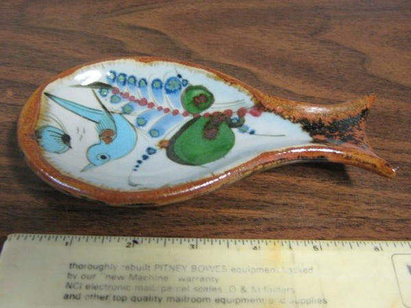 Ken Edwards Pottery single spoon holder in brown trim with blue and green plant and wild life.