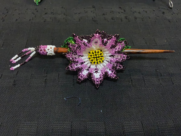 Bead work flower hair ornament with stick
