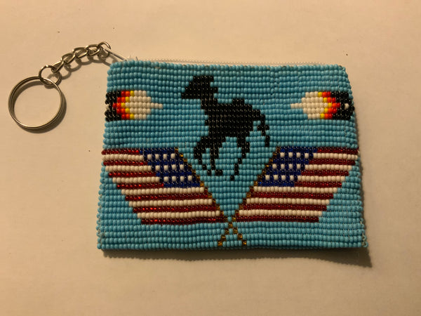 Handcrafted beadwork on both sides of change purse with Horse and flag.