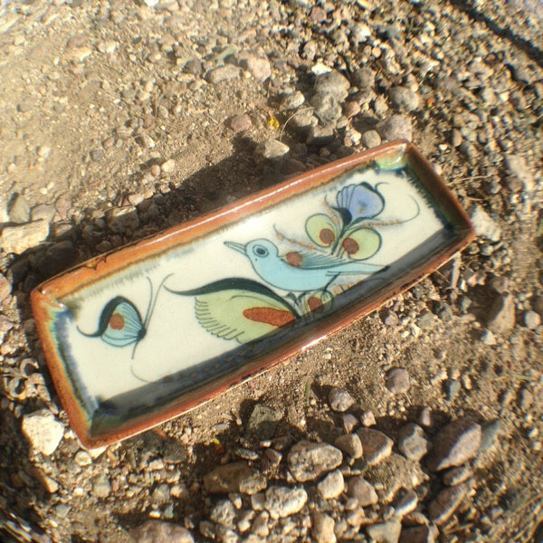Ken Edwards Pottery butter stick holder without lid.  Brown rim with bird, flower, butterfly or leaves.